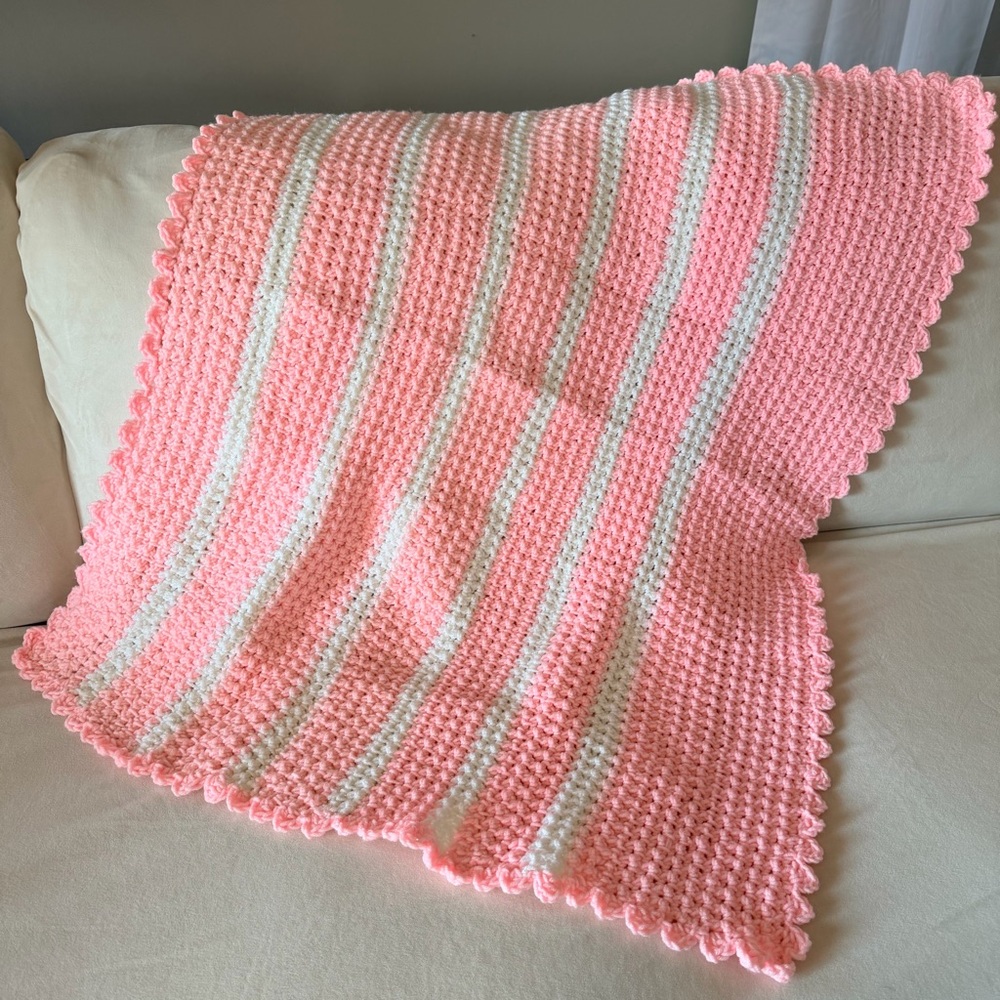 Handmade Pink White Baby Blanket Afghan Crochet 38x30 Mettalic Shabby Chic boho
